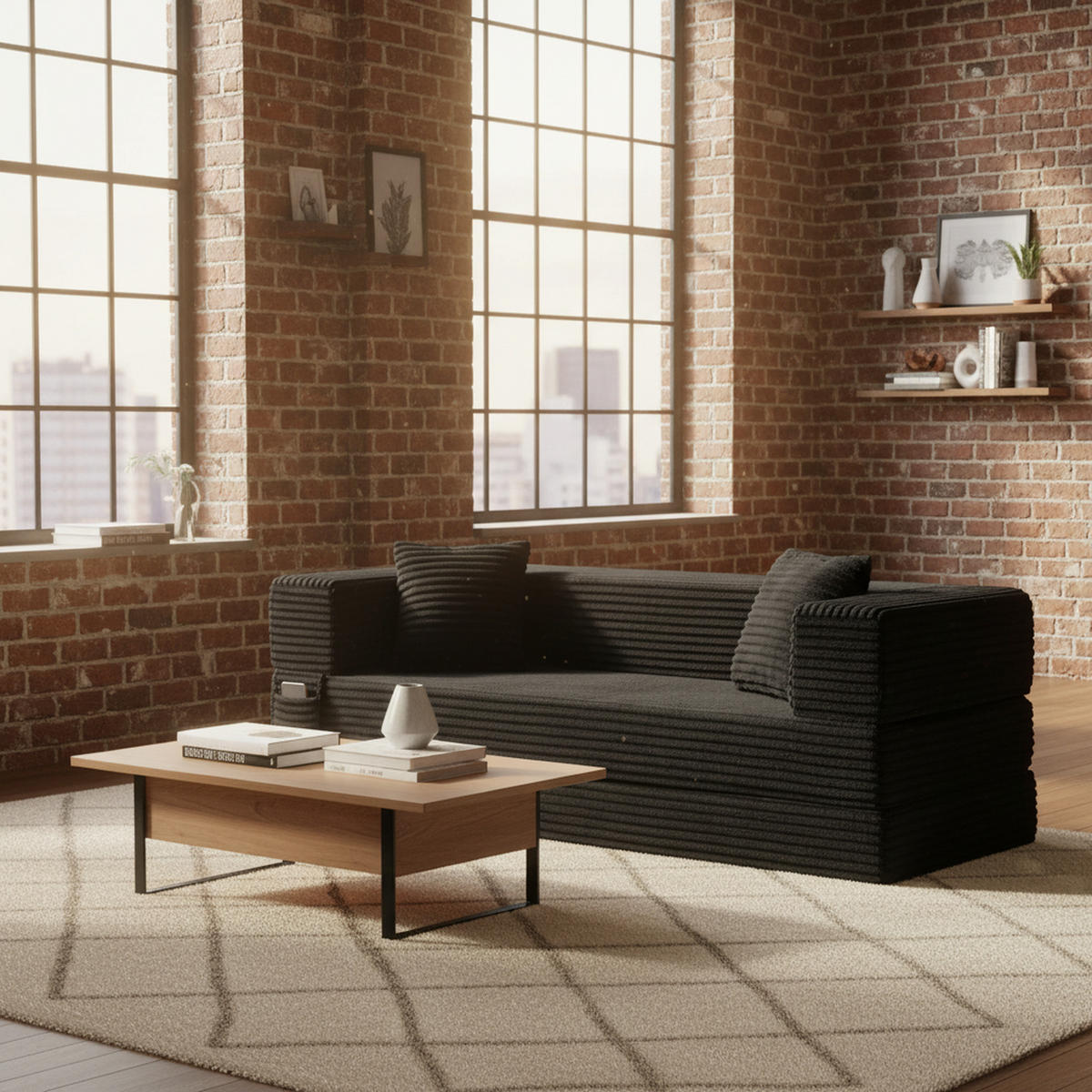SCHLAFSOFA aus Cord in Dunkelgrau 2-lagiges Design & zum Doppelbett ausklappbar - Dunkelgrau, Textil (89/59/195cm) - Urban Meuble
