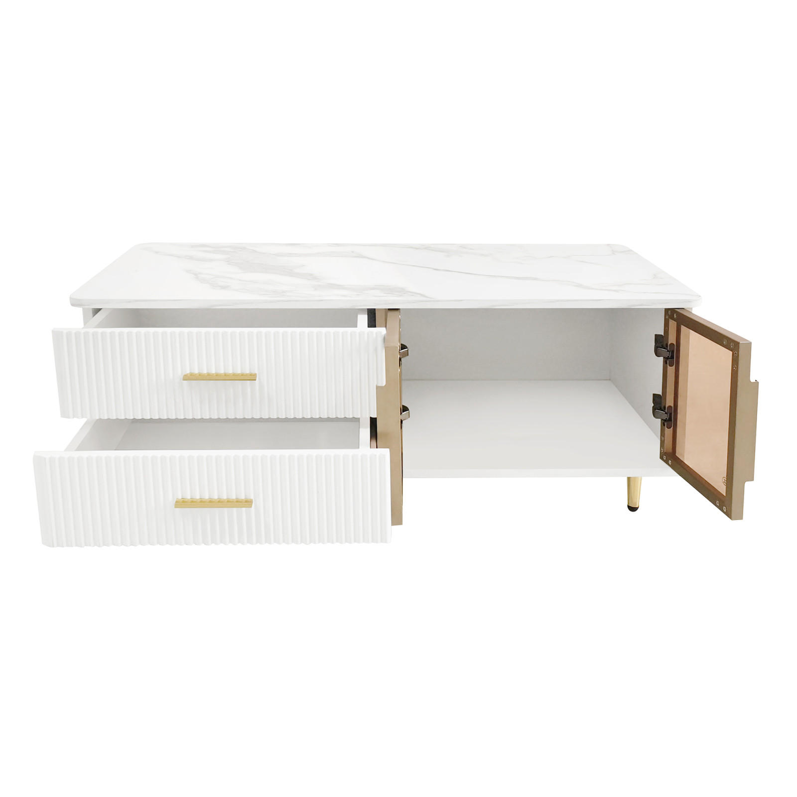COUCHTISCH LED, 2 Türen, 2 Schubladen, Marmoroptik, Weiß - Weiß, Holz (50/100/40cm)