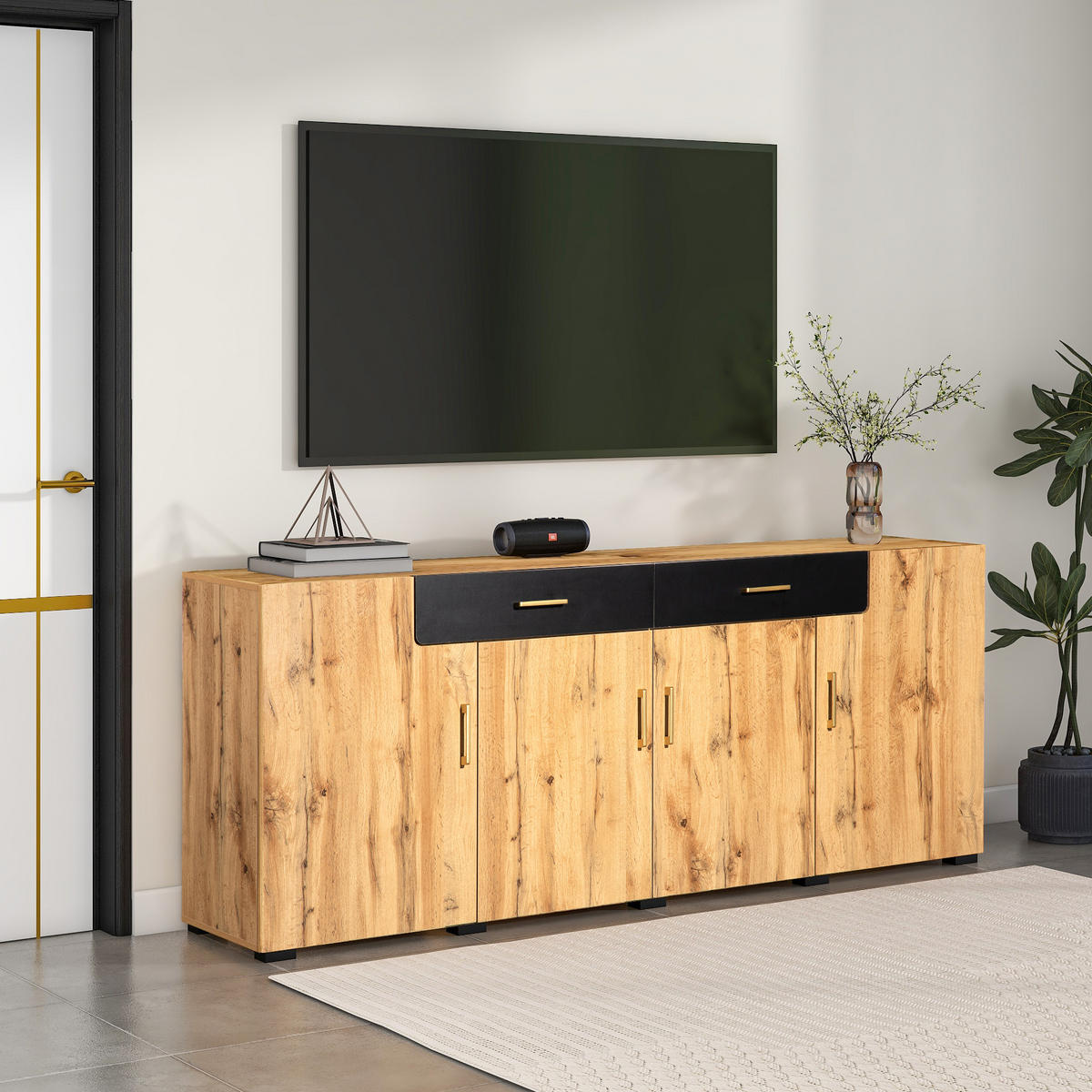 SIDEBOARD 4 Türen 2 Schubladen 208x39.5x80cm Stauraum - Braun, Holzwerkstoff (39.5/80/208cm) - FLIEKS