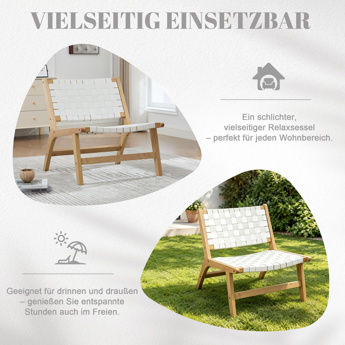 RELAXSESSEL mit Holzgestell, Kunstleder Flechtwerk, Breite Sitzfläche, Weiß - Eichefarben/Weiß, Holz (66/72/71cm) - LVHOM