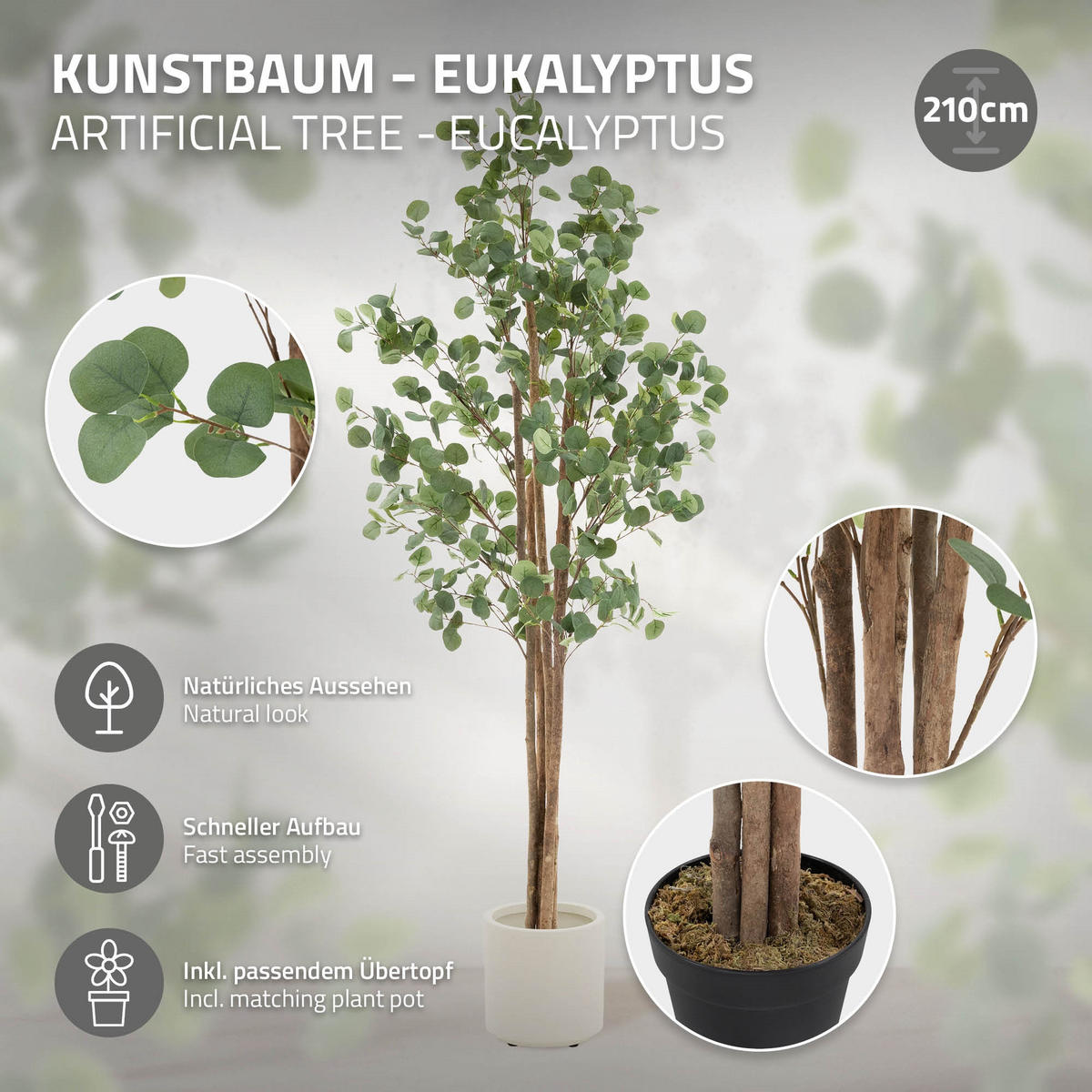 KUNSTPFLANZE Eukalyptus - Anthrazit/Grün, Holz/Kunststoff (210cm) - ML-DESIGN