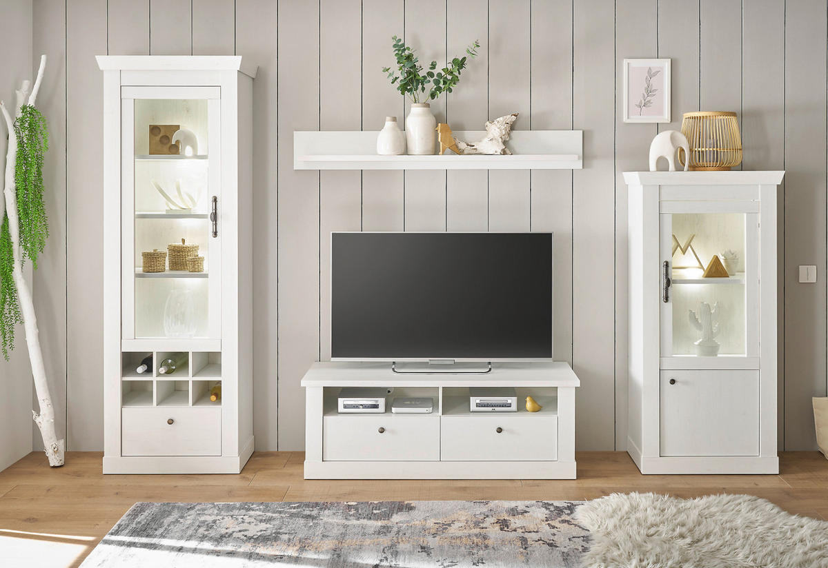 WOHNWAND weiß Pinie Landhaus, Set 4-teilig mit Soft-Close und Beleuchtung - Weiß, Holzwerkstoff/Kunststoff (299/201/45cm) - Furn.Design