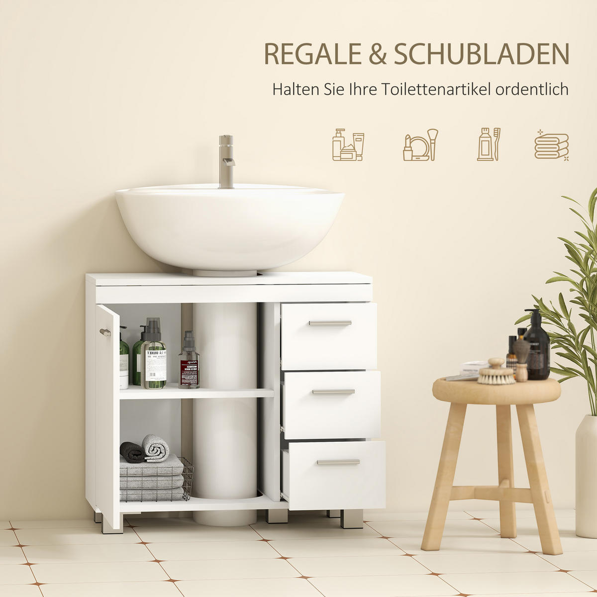 WASCHBECKENUNTERSCHRANK MDF Weiß - Silberfarben/Weiß, Holzwerkstoff/Kunststoff (30/64/70cm) - HOMCOM