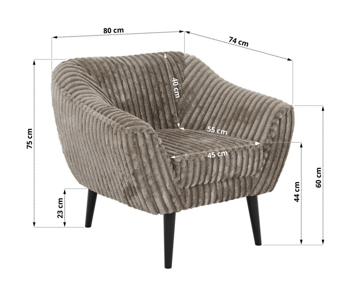SESSEL PIRS - Hellbraun Cord - Schwarze Beine - Hellbraun/Schwarz, Holzwerkstoff/Textil (80/75/74cm) - MKS