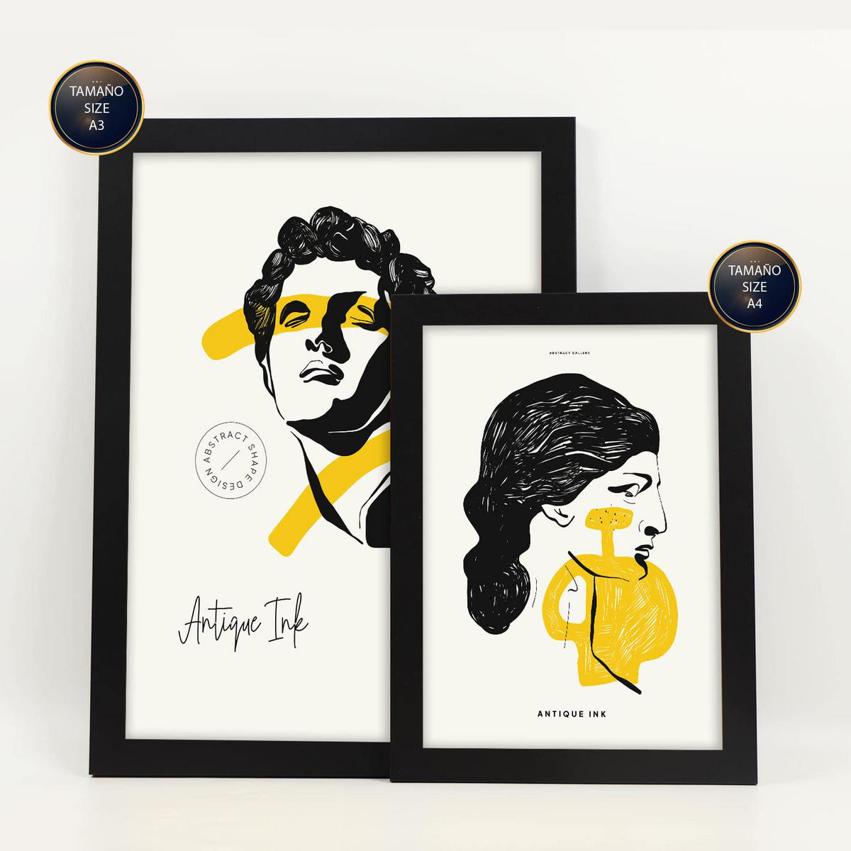 POSTER Set Mit 6 Schwarze Tintenbüsten Größe A3 & A4 Schwarzer Rahmen - Schwarz, Papier (29.7/1cm) - Nacnic