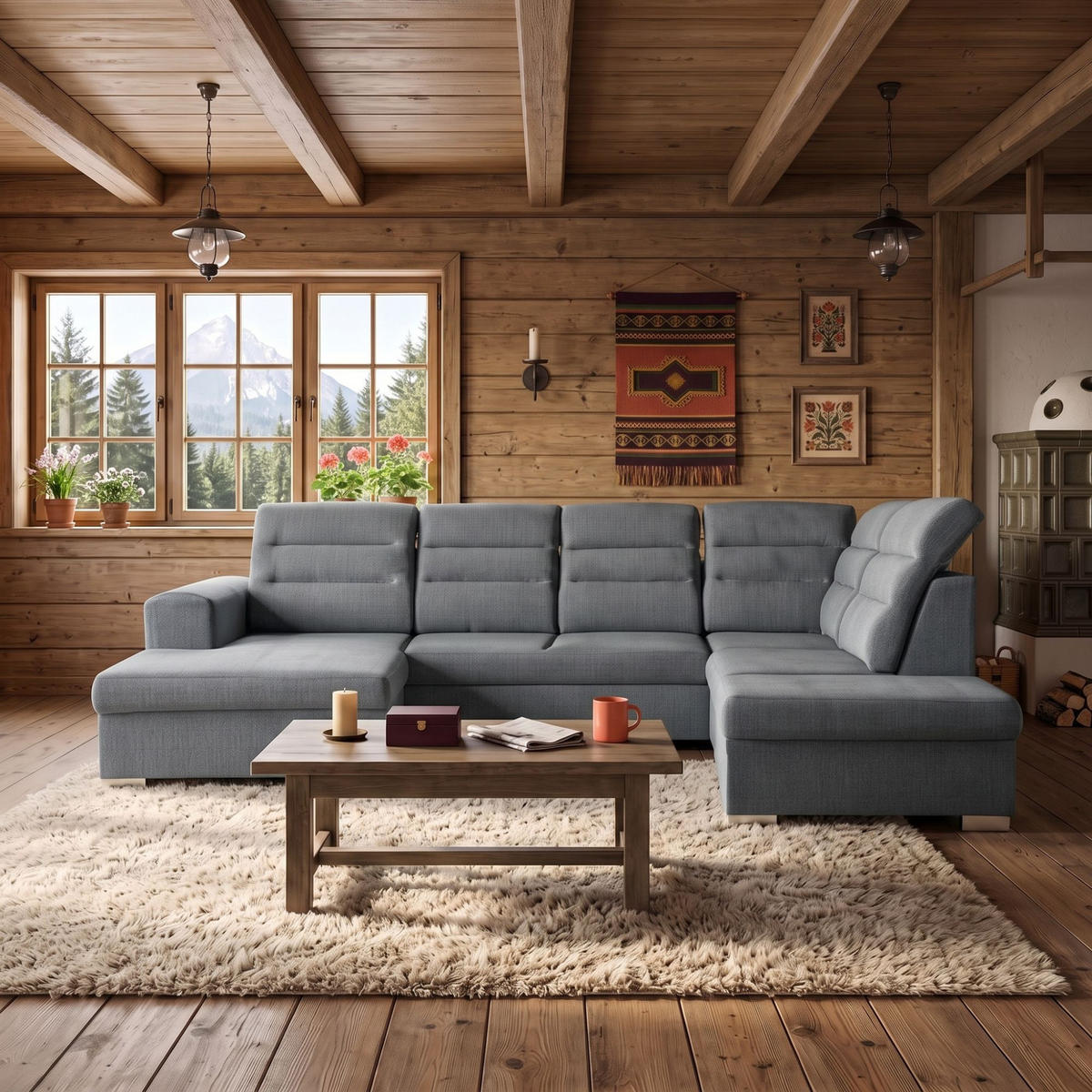 ECKSOFA U-Form CLOUD U Rechts mit Schlaffunktion 120x252 Velours Grau - Silberfarben/Grau, Holz/Kunststoff (202/103/320cm) - Muffo