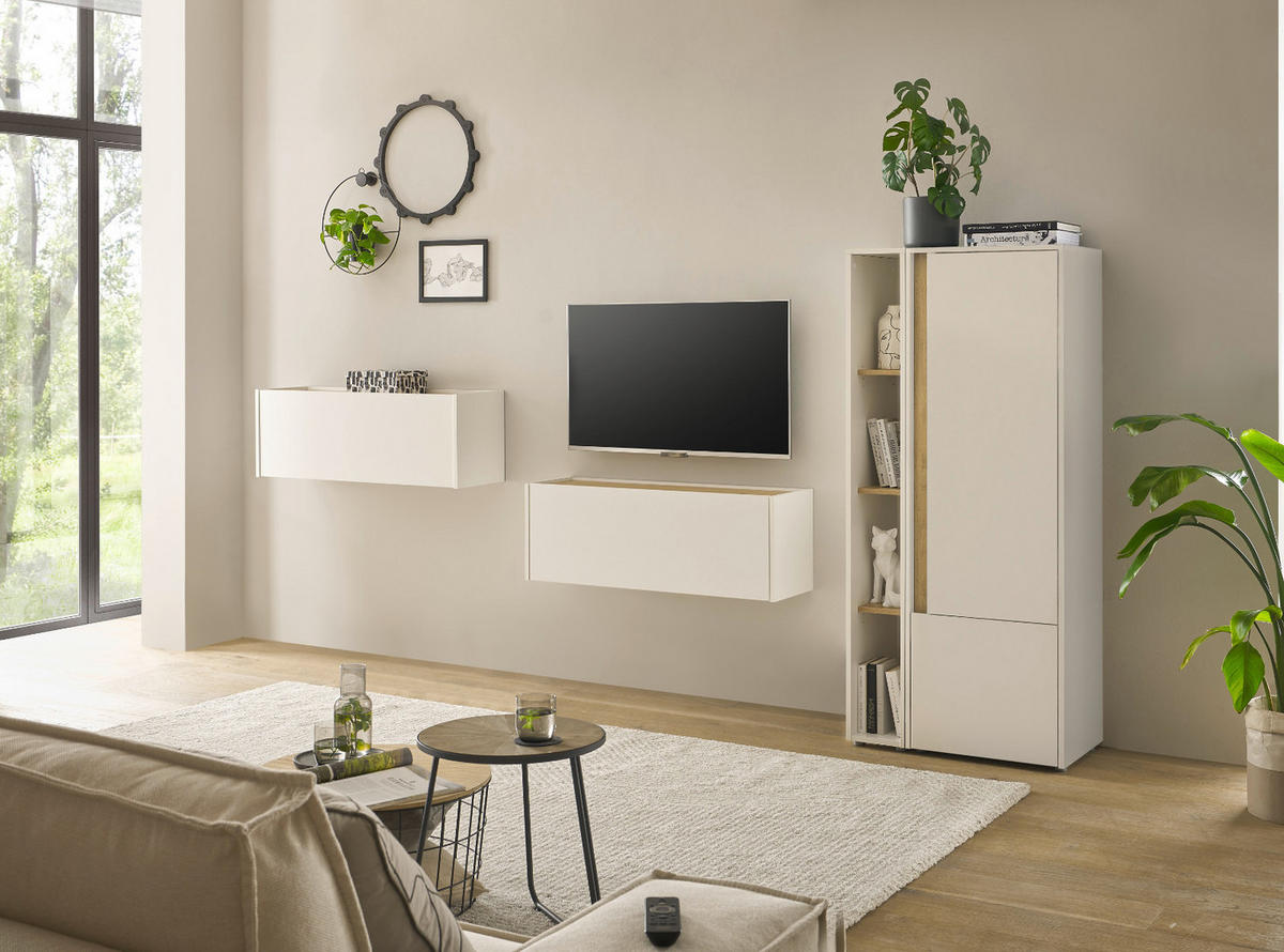 WOHNWAND weiß, Eiche Wotan 4-teilig 310 cm, Komplettset mit Sekretär - Eiche Wotan/Schwarz, Holz/Holzwerkstoff (310/158/40cm) - Furn.Design