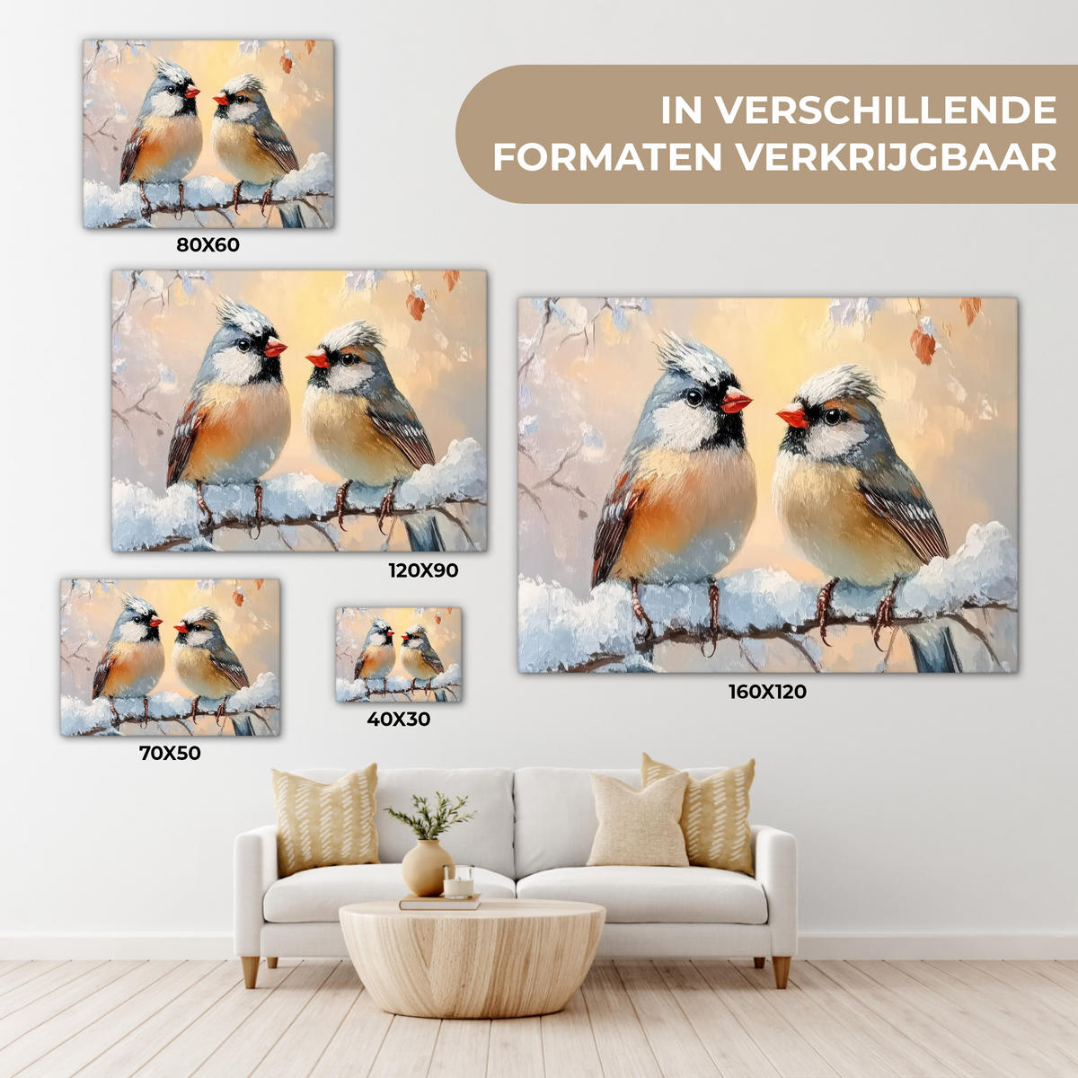 LEINWANDBILD Vögel - Zweig - Winter - Schnee Wandbilder 80x60 cm - Pastellblau, Textil (80/60cm) - MuchoWow