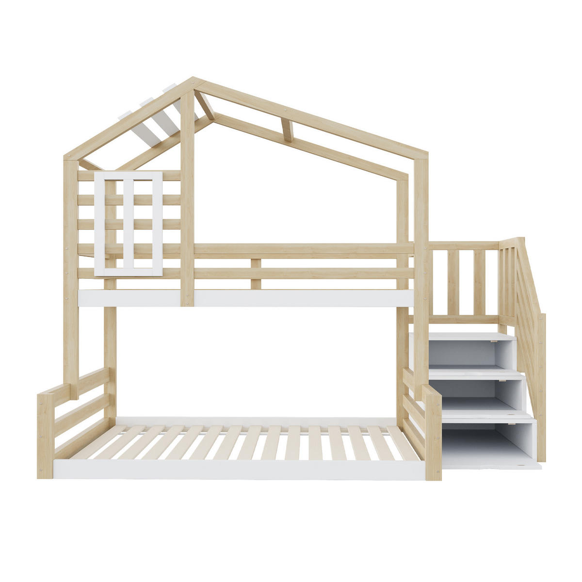 HAUSBETT 90/200 cm & 140/200 cm aus Kiefernholz mit Treppe und Stauraum - Naturfarben, Holz (90/200cm) - Flora Grace