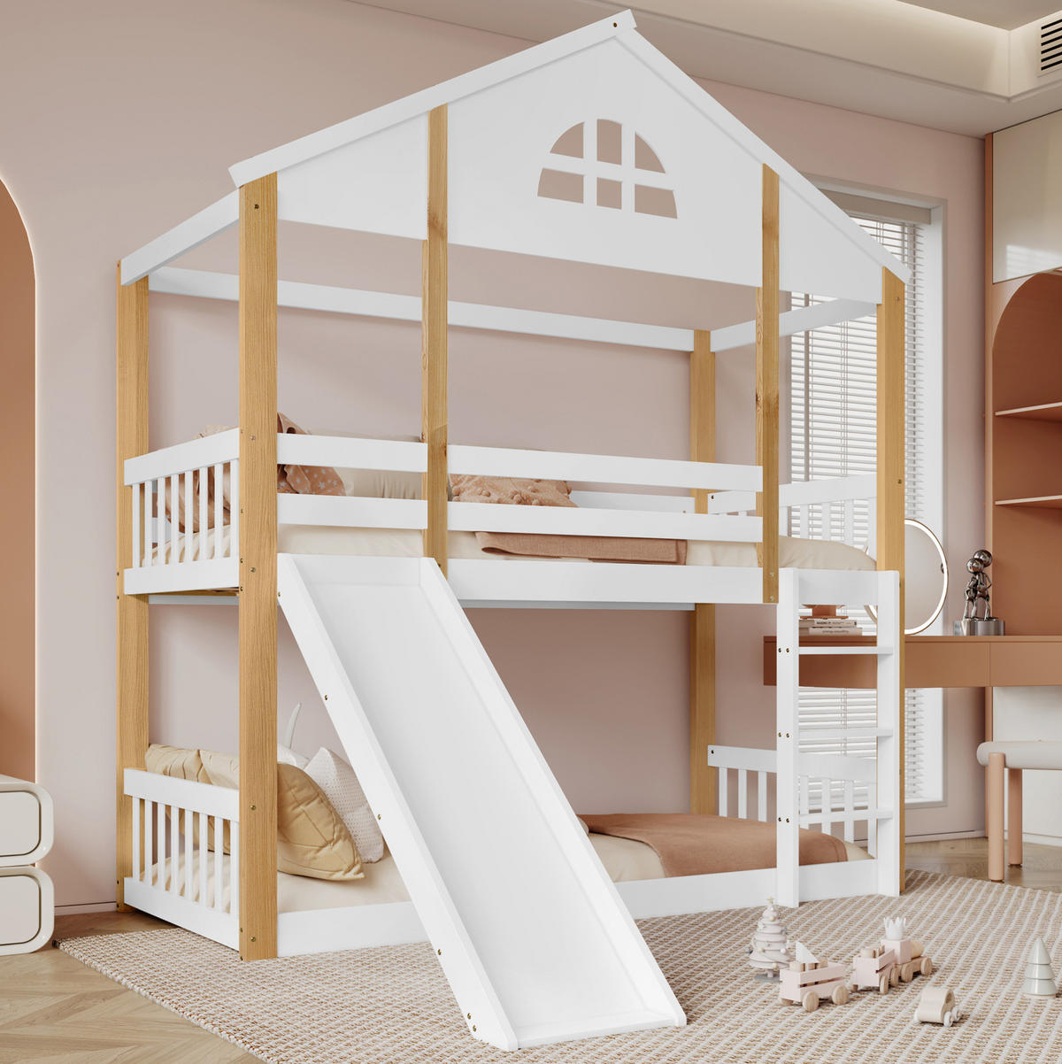 ETAGENBETT aus MDF 90x200 cm Weiß/Natur mit Rutsche, Winkeltreppe und Haus-Design - Weiß, Holzwerkstoff (90/200cm) - Modfu