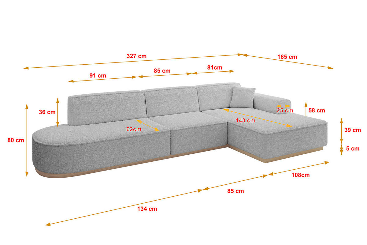 ECKSOFA Ottomane Rechts IREA-L2 - 327x165x80 cm Hellgrau - Hellgrau, Holzwerkstoff/Textil (327/165cm) - ALTDECOR