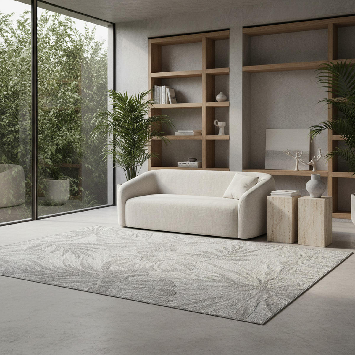 TEPPICH Outdoor Flachgewebe Tropenmuster Polypropylen Terrasse Grau Rechteckig 240x340 - Grau, Textil (240/340cm) - KADIMA DESIGN