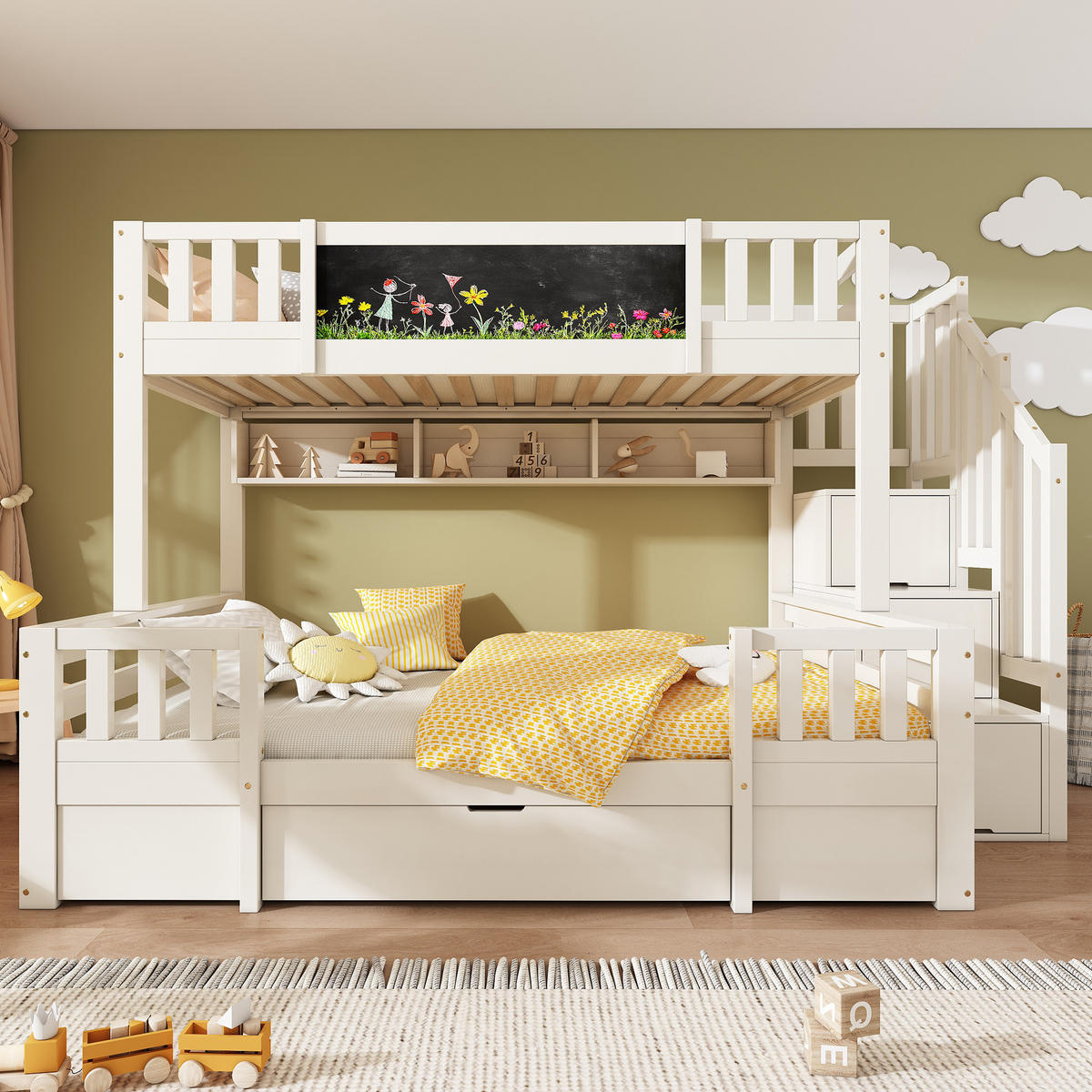 ETAGENBETT 90/200 & 140/200 cm mit Kreidetafel, Leiterschrank und Schubladen aus Massivholz, Weiß - Weiß, Holzwerkstoff (90/200cm) - Redom