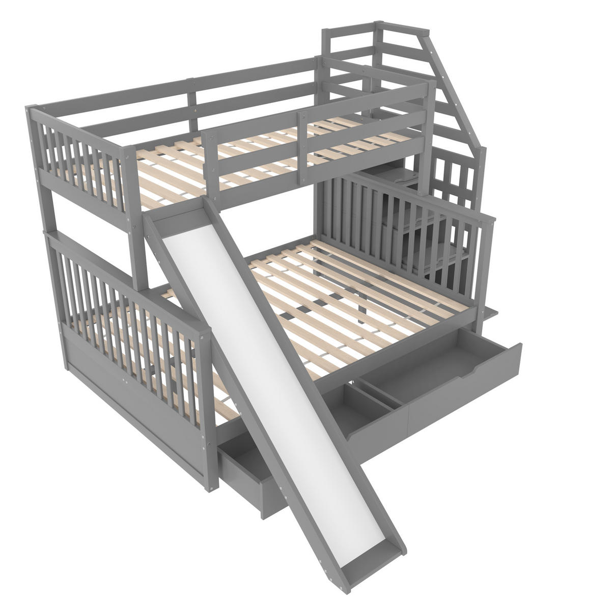 ETAGENBETT aus Kiefer 90x200/140x200 cm Grau mit Rutsche, Treppe und Schubladen - Grau, Holz (90/200cm) - Modfu