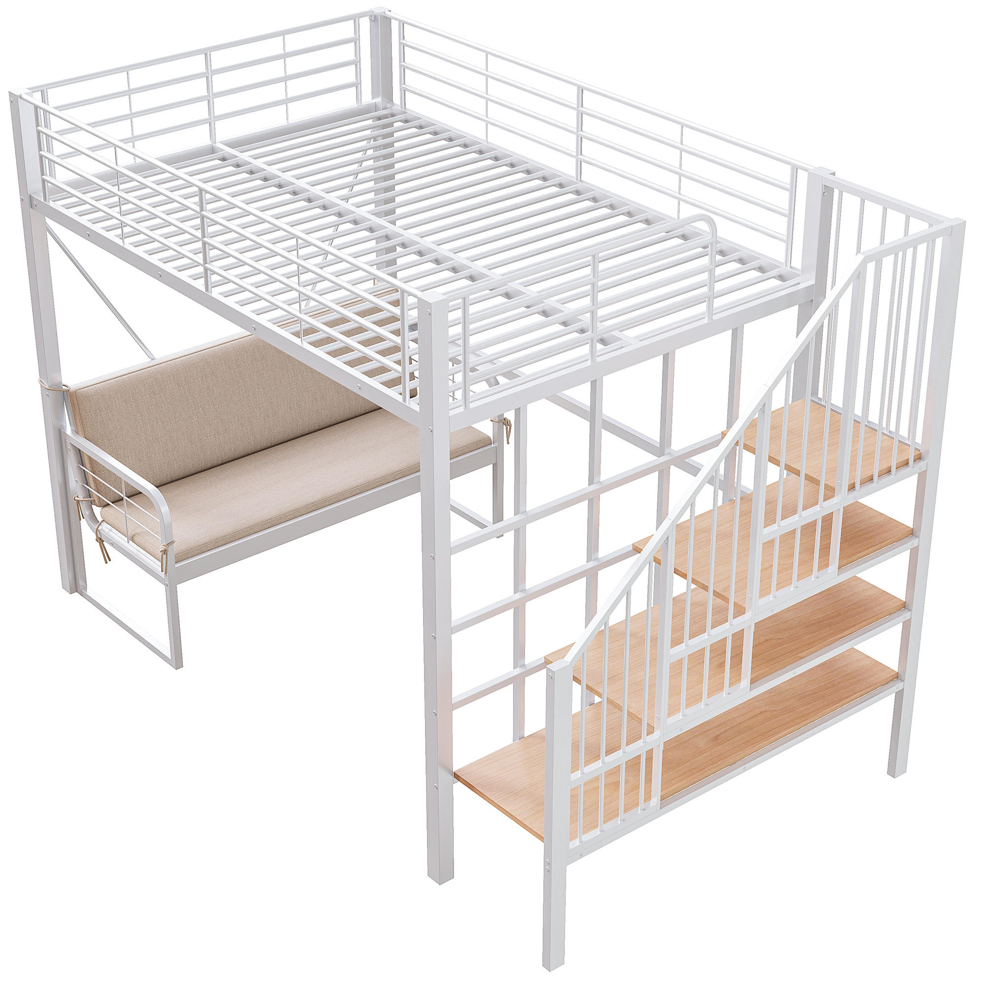 HOCHBETT 140/200 cm DE-01525, in Weiß, mit Polstersofa, Stauraum und Sicherheitstreppe - Weiß, Metall (140/200cm) - ComfortXL