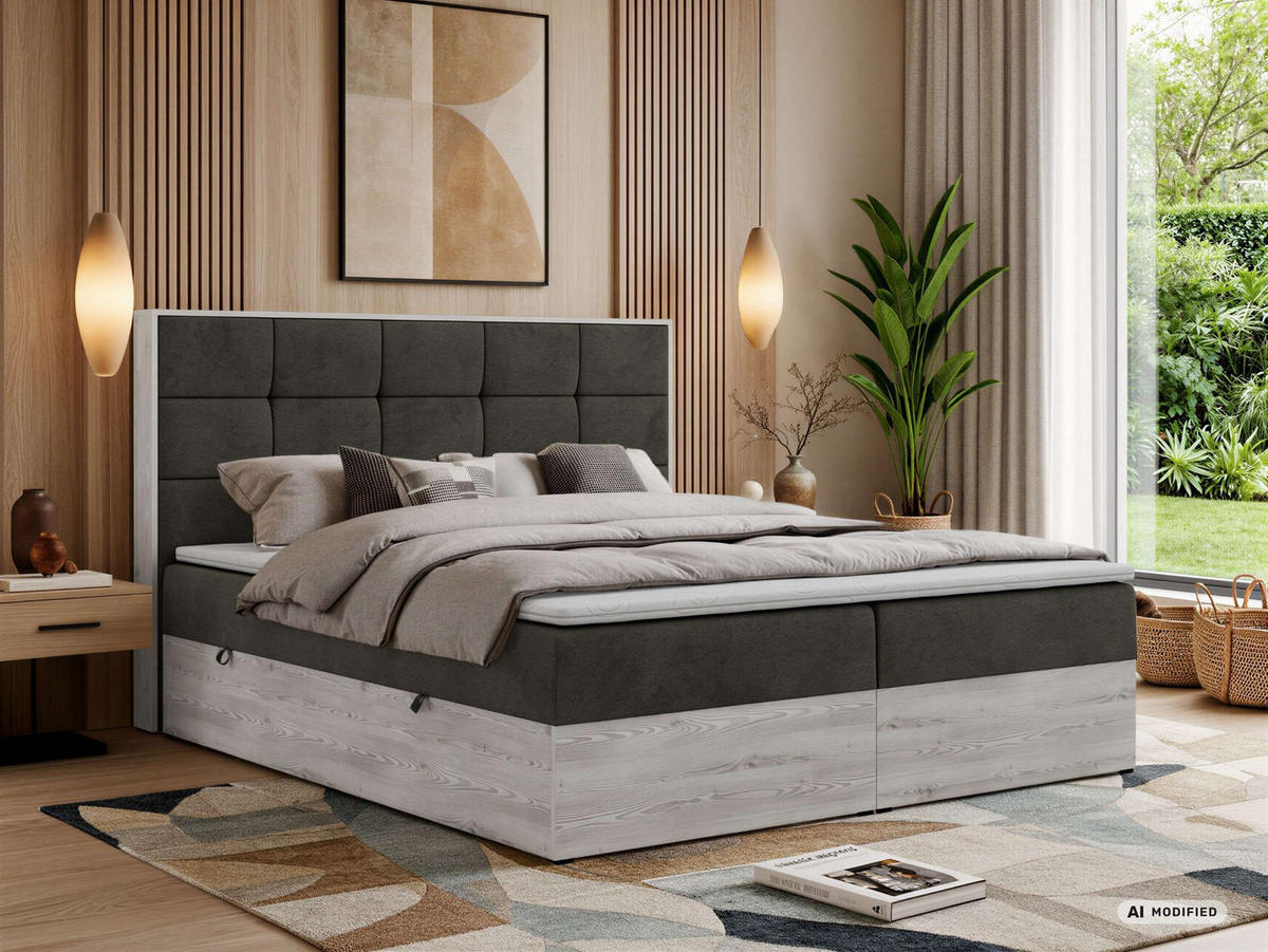 BOXSPRINGOVÁ POSTEĽ ALNOR 200/200 Tmavosivá Samet - Topper T25 - H3 (stredne tvrdý) - čierna/antracitová, textil/plast (200/200cm) - MKS