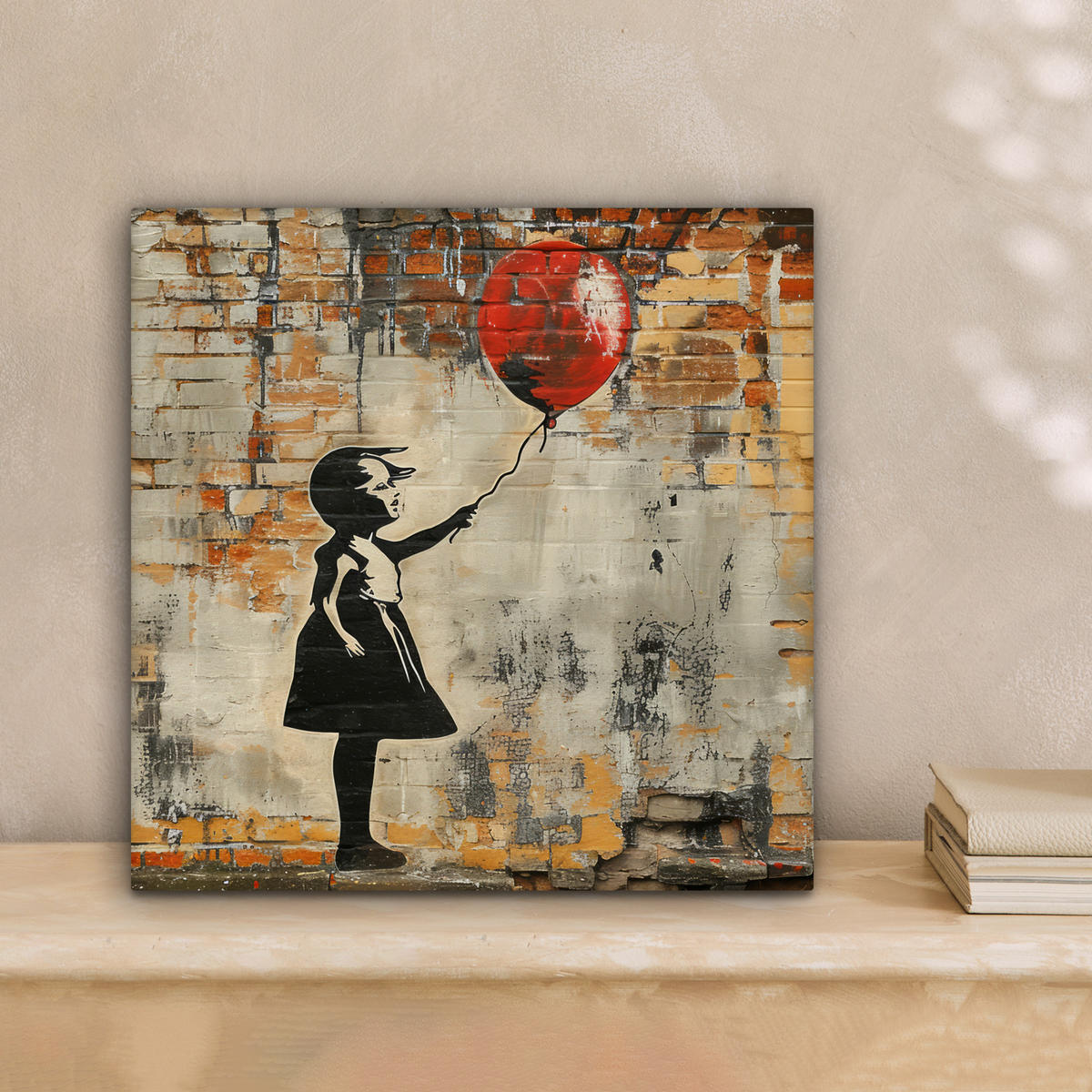 LEINWANDBILD Graffiti - Banksy - Mädchen - Straßenkunst Deko Wohnzimmer 20x20 cm - Sandfarben, Textil (20/20cm) - MuchoWow