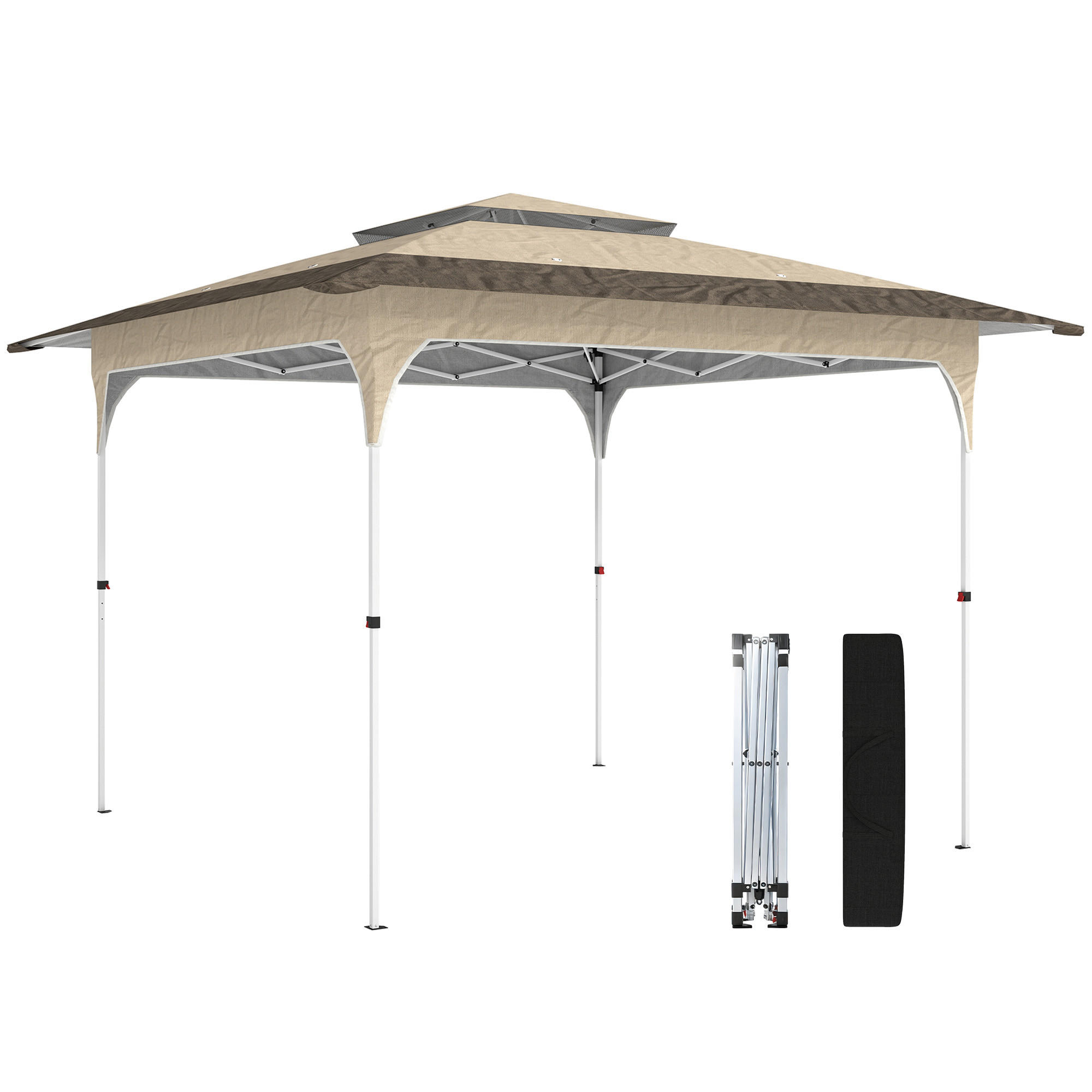 PAVILLON, faltbar mit 3 verstellbaren Höhenstufen, Doppeldach, 3,5 x 3,5 m, Khaki - Braun, Metall (352/278/352cm) - Vallsero