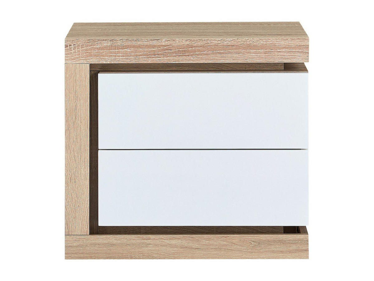 NACHTTISCH mit 2 Schubladen - linke Seite - Mit LED-Beleuchtung - Weiß lackiert und Holzfarben - FLARANCIA - Naturfarben, Holz (50/45/40cm) - Vente-Unique