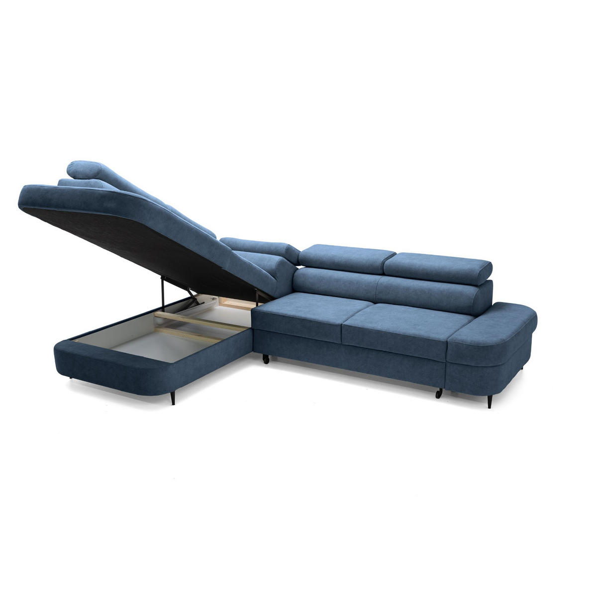 ECKSOFA PRIAM L Links mit Schlaffunktion 125x195 Velours Blau - Blau/Schwarz, Holz/Textil (203/275cm) - Muffo