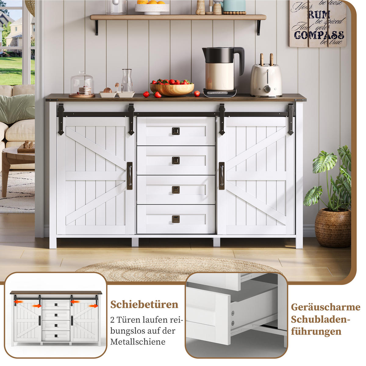 SIDEBOARD 137 cm mit Schiebetüren und 4 Schubladen, Weiß - Weiß, Holzwerkstoff (137/81.5/40cm)