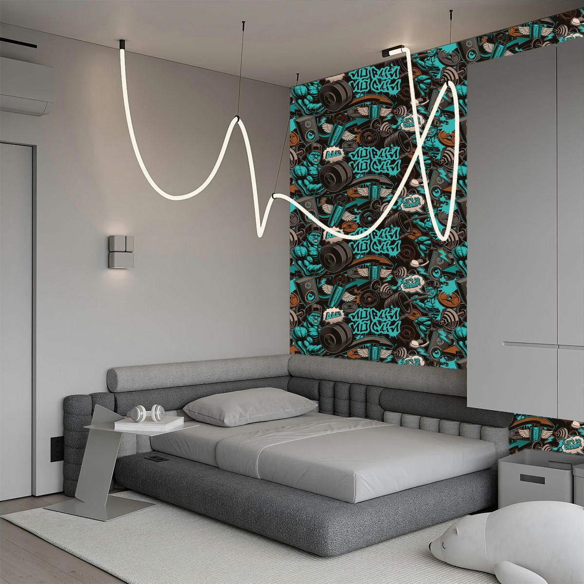 VLIESTAPETE Fitness-Graffiti – Türkis, Braun, Schwarz – 50x1000 cm - Türkis/Schwarz, Papier (50/1000cm) - Muralo