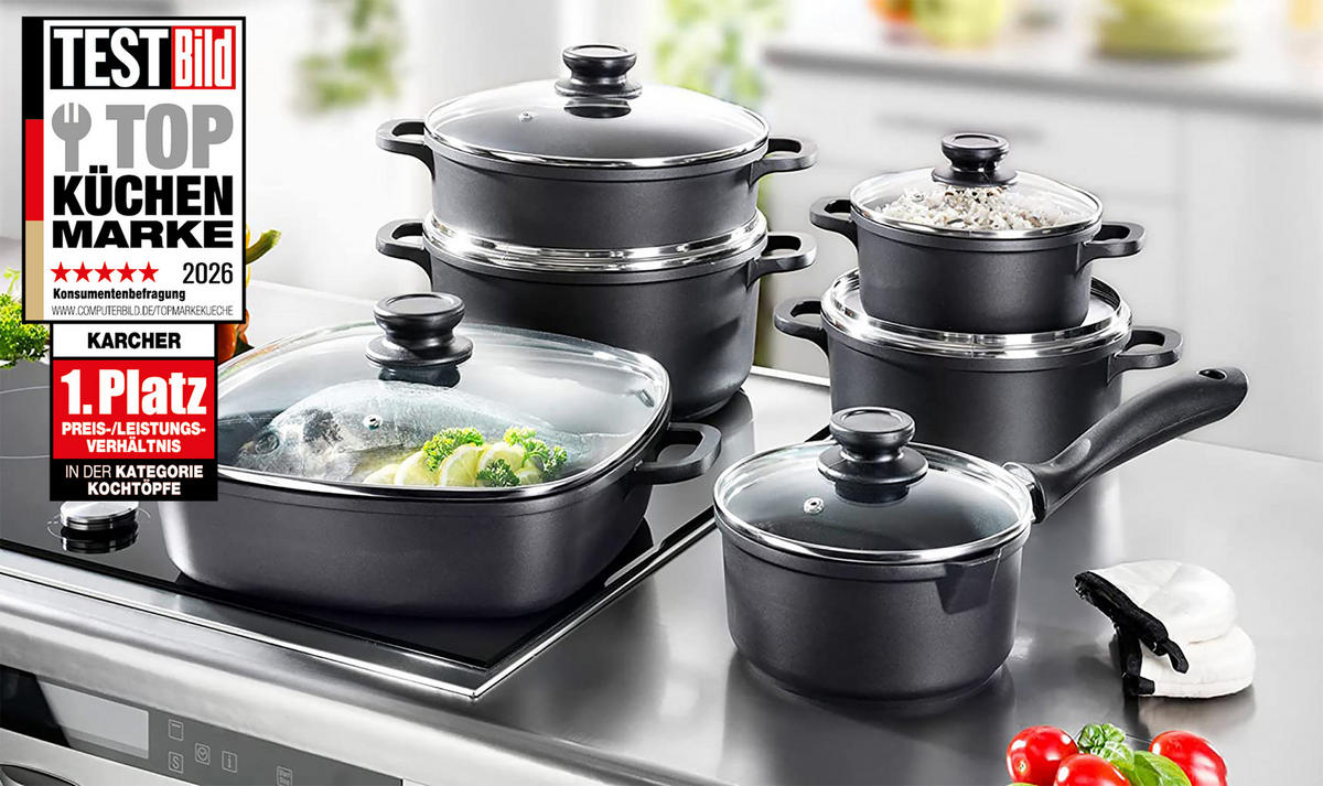 TOPFSET, Aluguss, Antihaftbeschichtung, inkl. 2 Thermogrips, 12-teilig - Schwarz, Metall - Karcher