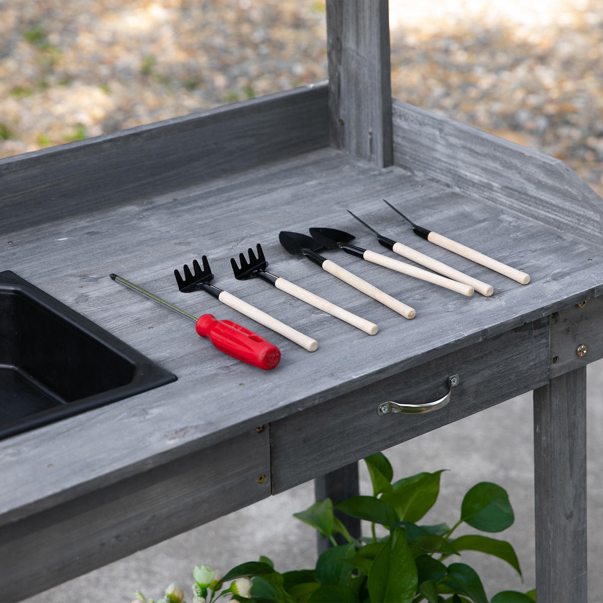 PFLANZTISCH mit Schublade, Gärtnertisch mit Waschbecken und Rollen, Tannenholz, Grau - Grau, Holz (92/45/119cm) - Outsunny