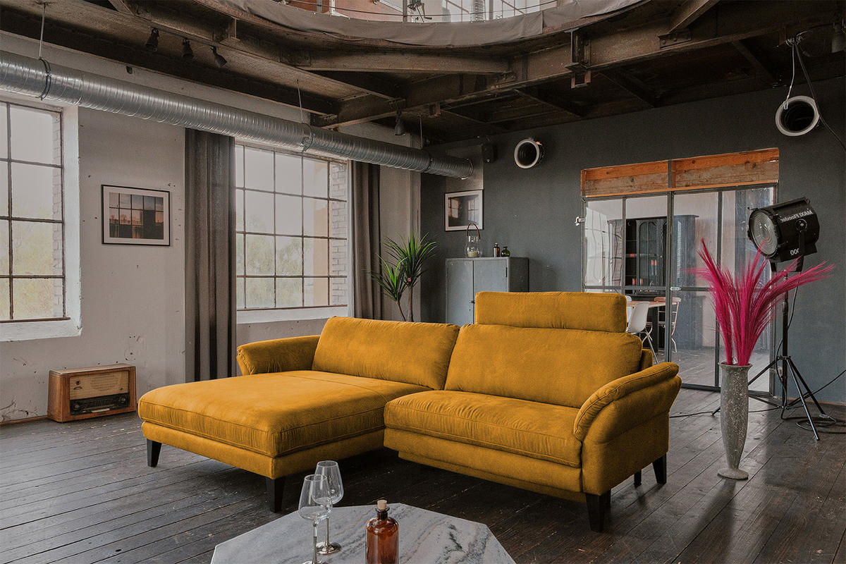 ECKSOFA MALTA Gold Webstoff - Goldfarben/Schwarz, Buchenholz/Textil (302/175cm) - KAWOLA