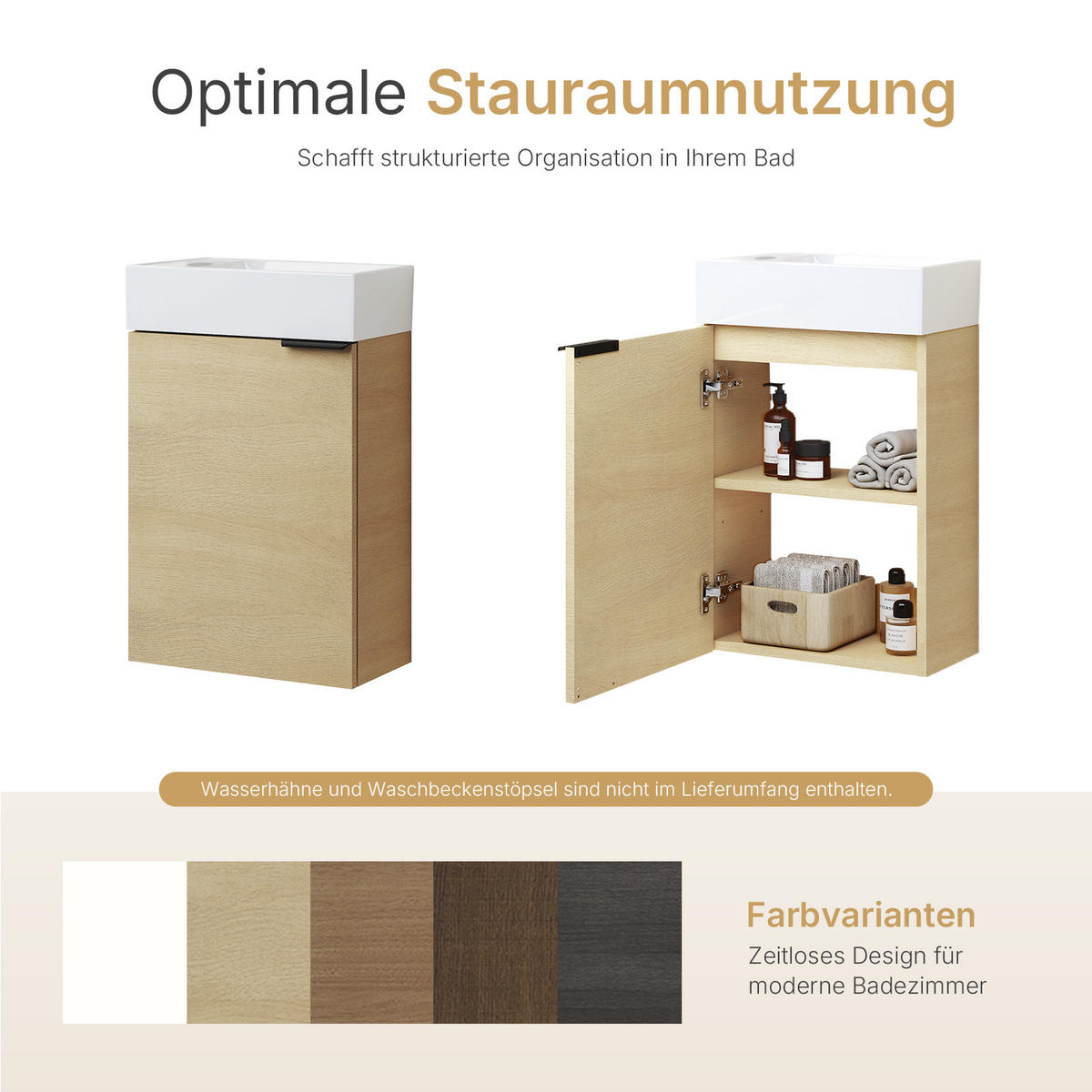 WASCHTISCHKOMBI 41,7 cm Eiche Natur mit Keramik-Waschbecken - Eichefarben/Schwarz, Holzwerkstoff (41.7/64.6/24cm) - EMKE