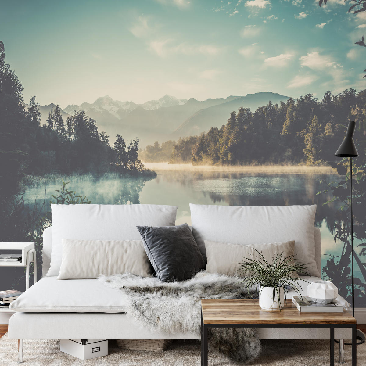 FOTOTAPETE für Esszimmer Bergsee Wald Bäume Nebel 200x140 - Türkis/Gelb, Papier (200/140cm) - Muralo