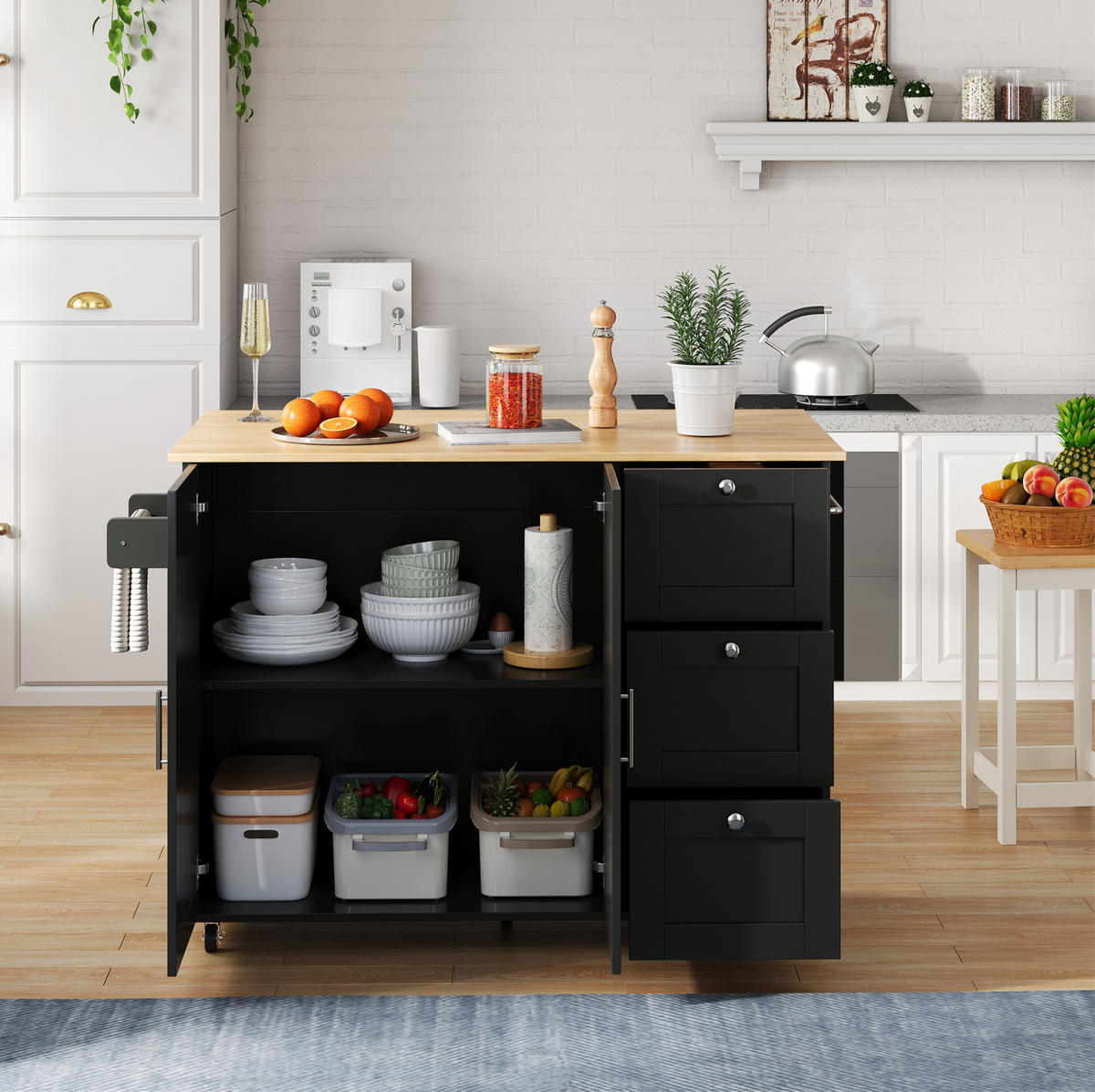 KÜCHENINSEL 135/44/90 cm schwarz/natur aus MDF klappbar - Schwarz, Holzwerkstoff (135/90/44cm) - OKWISH