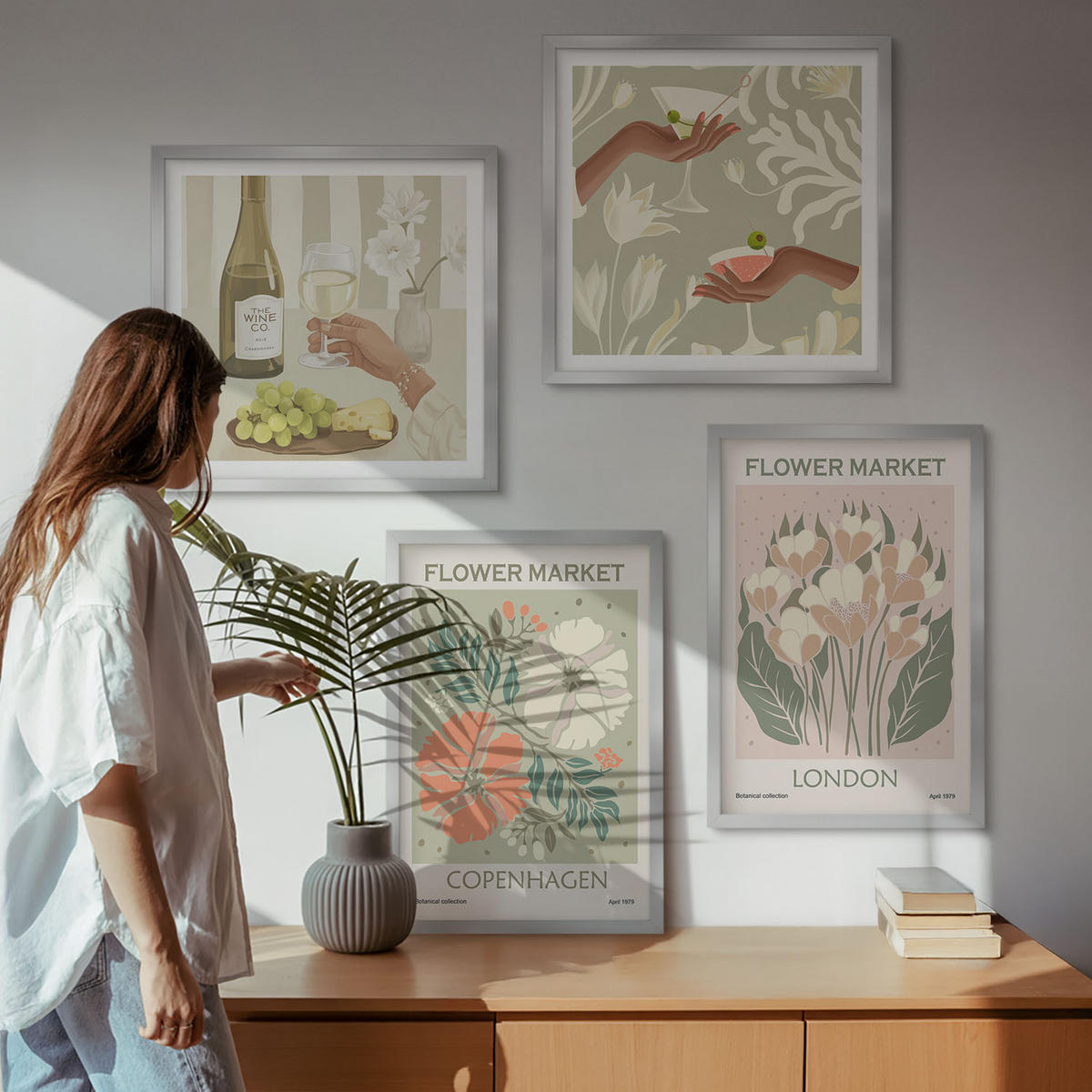 BILDER SET 4er Set - 50x50 cm & 40x60 cm Silberner Rahmen - Blumenposter Weinstadt - Silberfarben, Kunststoff (50/50cm) - TULUP