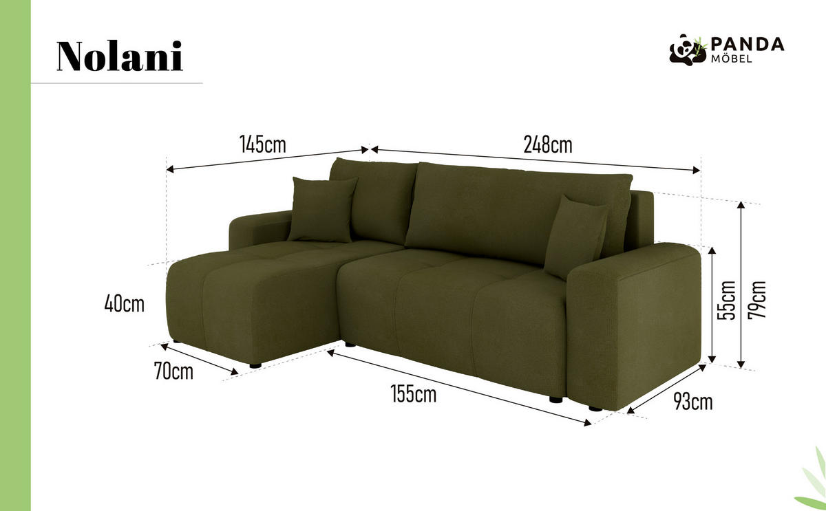 ECKSOFA Nolani mit Schlaffunktion & Bettkasten – Modern & Bequem - Olivgrün, Kunststoff (248/145cm) - Panda Möbel
