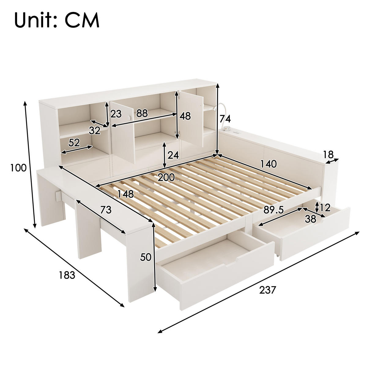 BETT 140/200 cm in Weiß mit 2 Schubladen, Stauraum, USB, Type-C und Leselampe Holz Design - Weiß, Holzwerkstoff (140/200cm) - STILVORA