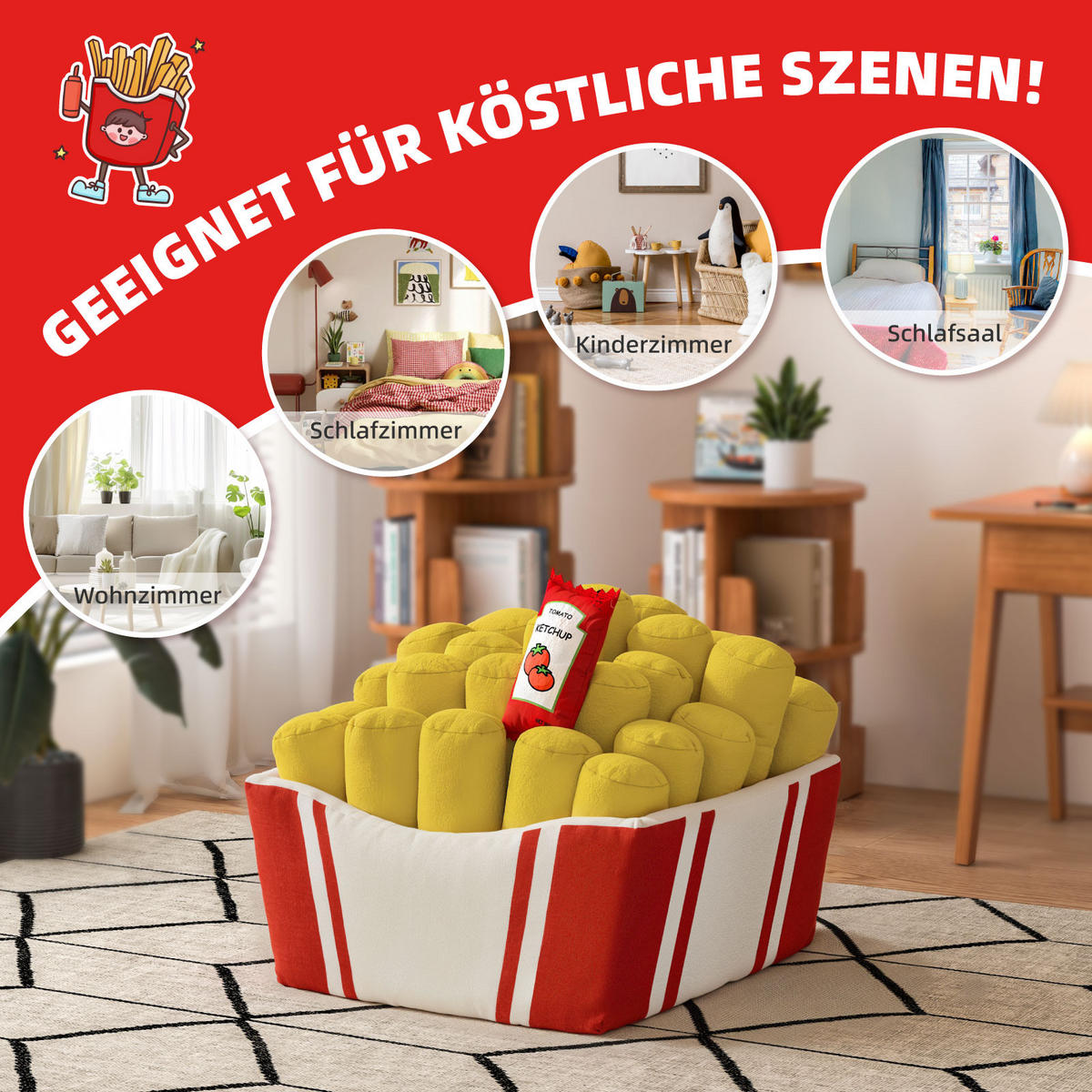 SITZSACK Pommes mit herausnehmbaren Kissen - Gelb/Rot, Textil (72/45/80cm) - Vercart