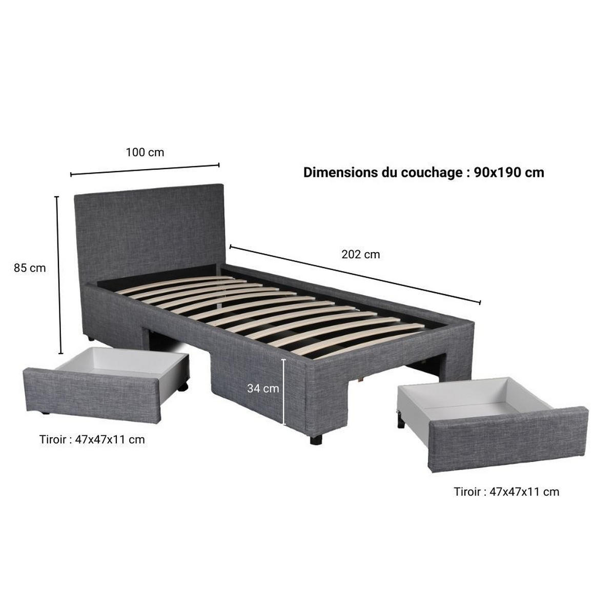 BETT LUGANO mit Schubladen/ Bett LUGANO 90x190 - Dunkelgrau - Dunkelgrau, Holzwerkstoff (90/190cm) - Weber Industries