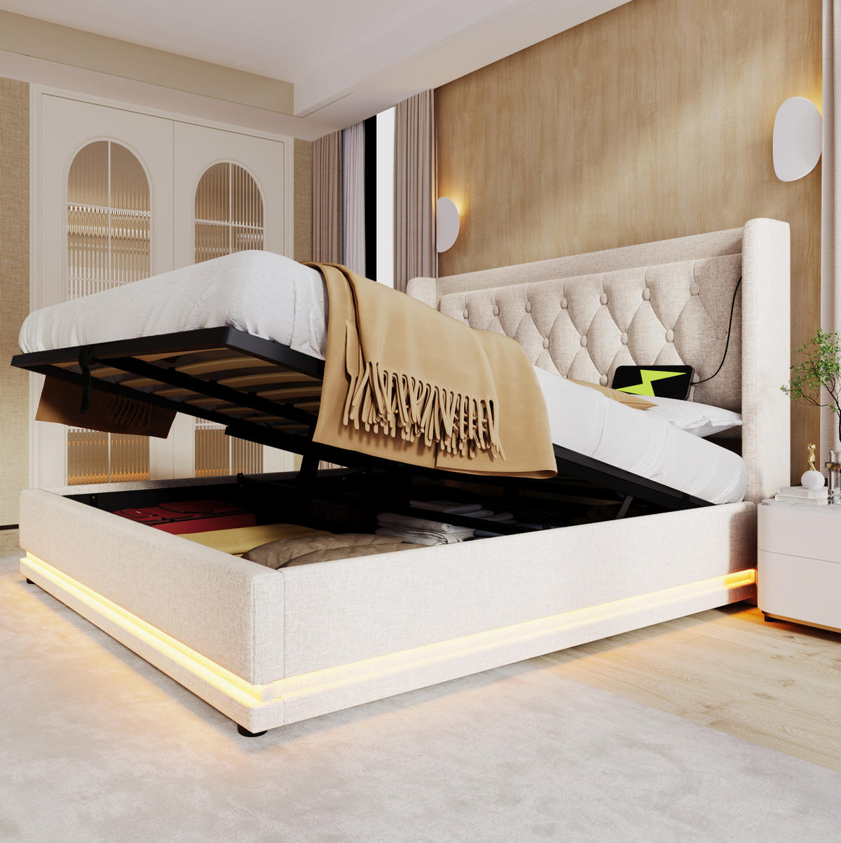 POLSTERBETT aus Baumwolle 180x200 cm Beige mit Bettkasten, LED-Beleuchtung und USB-C-Anschlüssen - Beige, Textil (180/200cm) - IVMEU