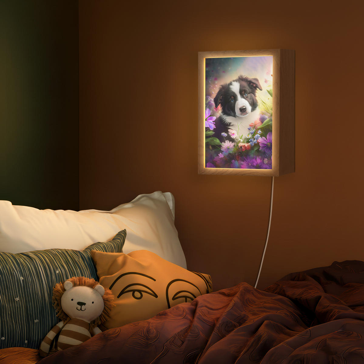 NÁSTĚNNÁ LAMPA Štěně - Slunce - Květiny - Příroda - Border kolie - Pes 20x30 cm - fialová, kompozitní dřevo (20/30/8cm) - OnlyWow