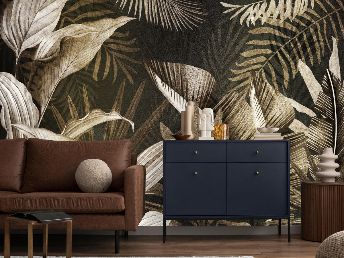 FOTOTAPETE tropische Blätter Pflanzen Retro 250x175 - Beige/Grau, Papier (250/175cm) - Muralo