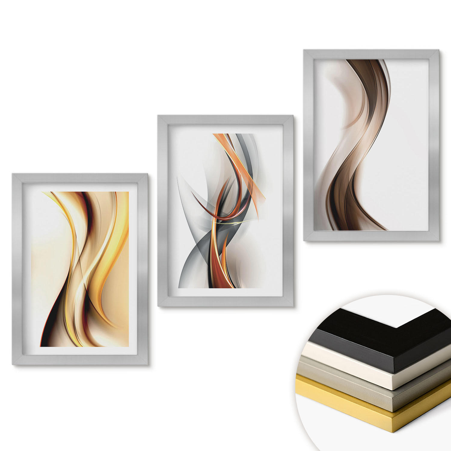WANDBILDER 3er Set - 20x30 cm Silberner Rahmen - Gelbgrau-braune Wellen - Silberfarben, Kunststoff (20/30cm) - ArtPrintCave