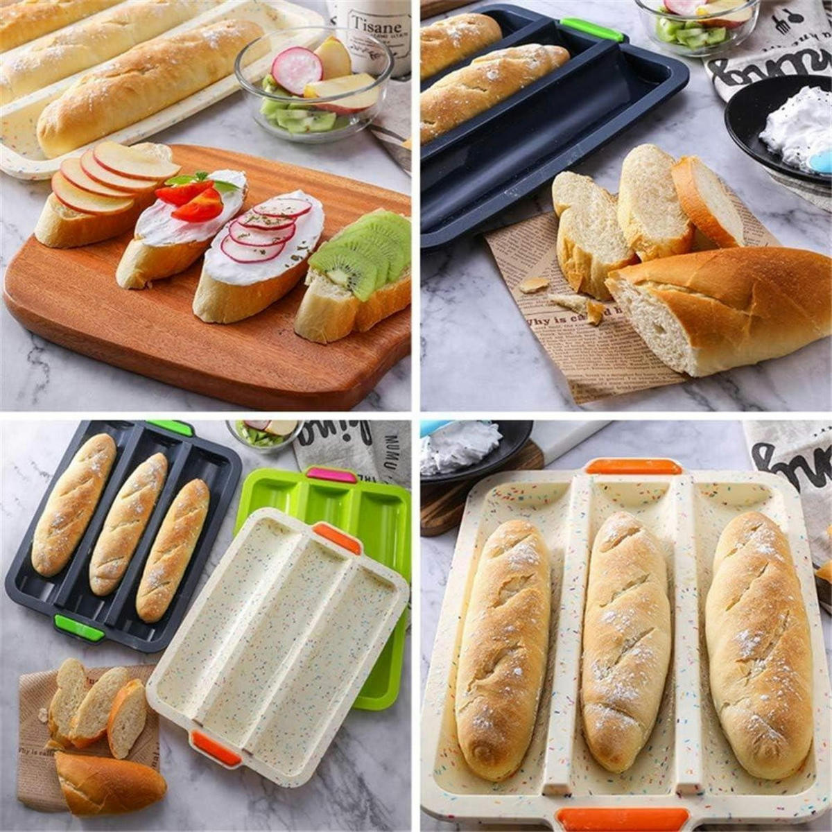 BAGUETTE-BACKBLECH 34 x 24 cm Silikon für 3 Baguettes - Blau, Kunststoff (24/3/28cm)