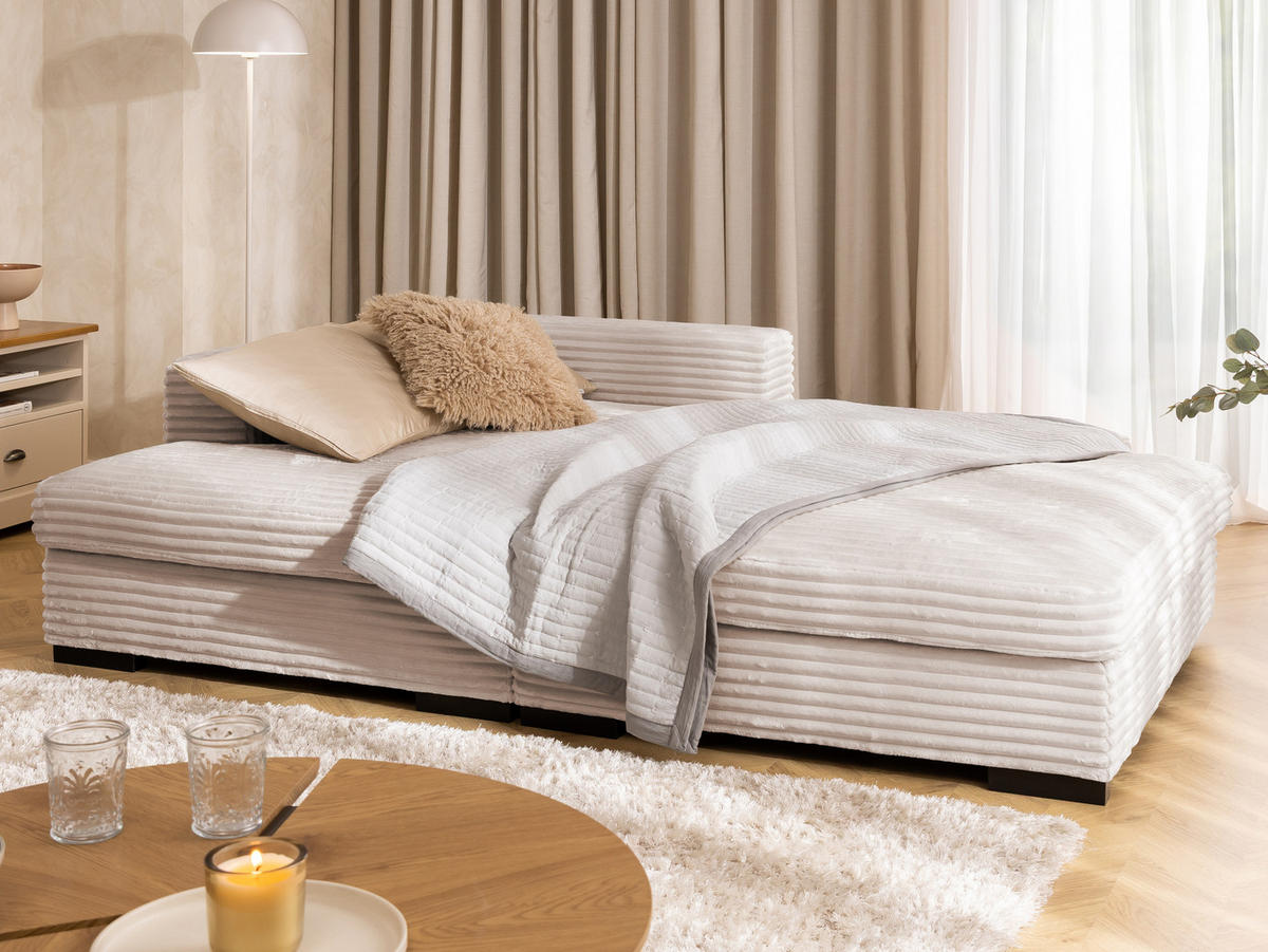 ECKSOFA Wolke mit tiefer Sitzfläche, Schlaffunktion und praktischem Bettkasten aus weichem Hellbeige Cordstoff - Beige/Schwarz, Holz/Kunststoff (162/225cm) - S-Style
