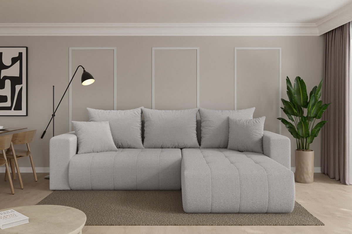 ROHOVÁ SEDAČKA s funkcí spaní, otoman vpravo MILA-L 277x194x86 světle šedá bouclé - černá/stříbrná, kompozitní dřevo/textil (277/194cm) - ALTDECOR