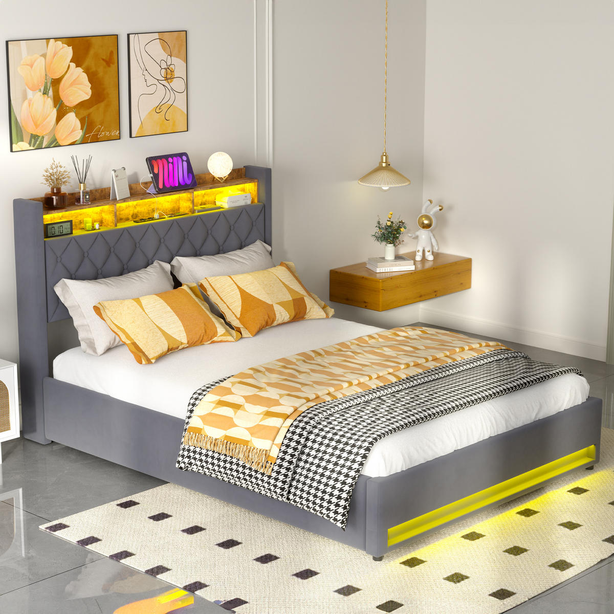 POLSTERBETT 160/200 cm in Grau Samt mit Bettkasten, LED-Beleuchtung und USB-Anschluss - Grau, Holzwerkstoff/Textil (160/200cm) - CHICFURN