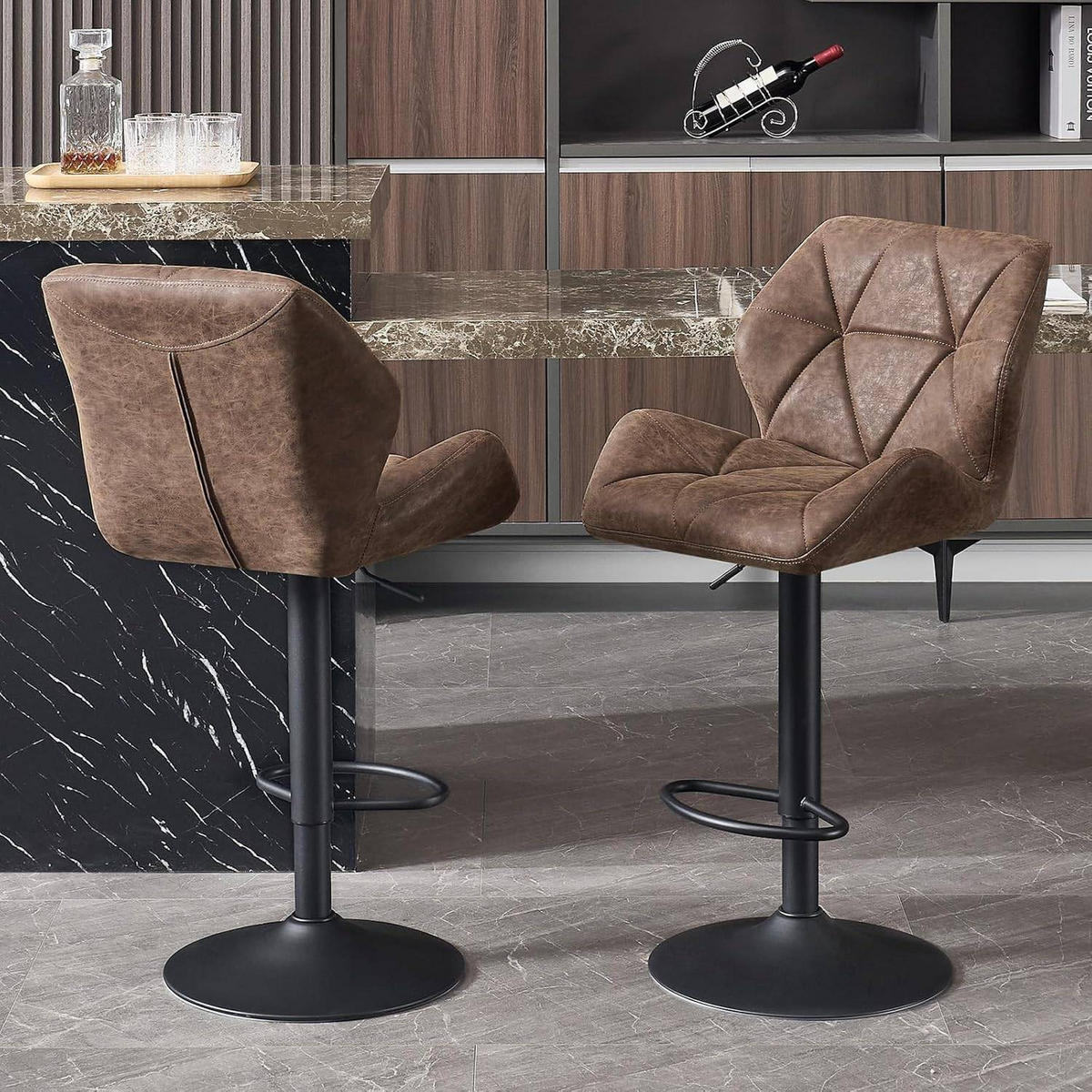 BARHOCKER 2er Set, höhenverstellbar,drehbar,Kunstleder Stahl - Dunkelbraun, Metall (50/94/41cm) - Woltu