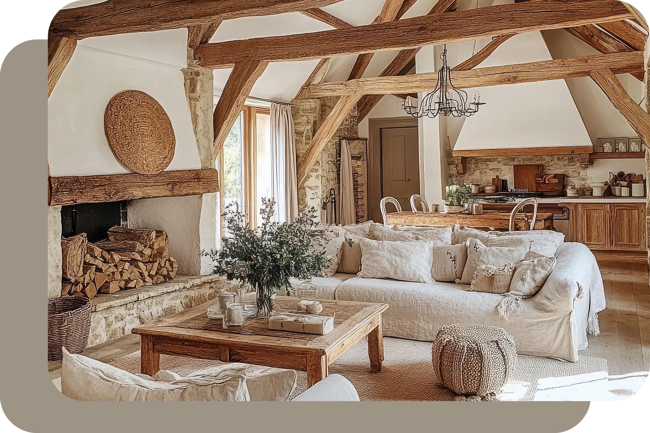 Wohnzimmer im modernen Ranch-Stil mit Holzdeckenbalken. Zwei große Sofas mit hellen Kissen, Holztisch, Kamin mit Holzstapel, und Essbereich im Hintergrund.