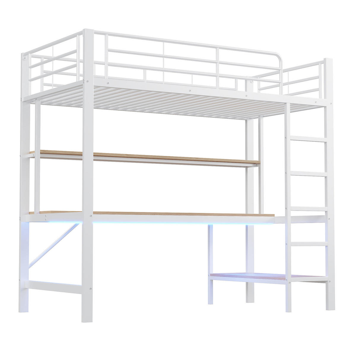 HOCHBETT 90/200 cm mit Schreibtisch, Regal, LED, USB und Steckdose, Metall/MDF, Weiß - Weiß, Metall (90/200cm) - Redom