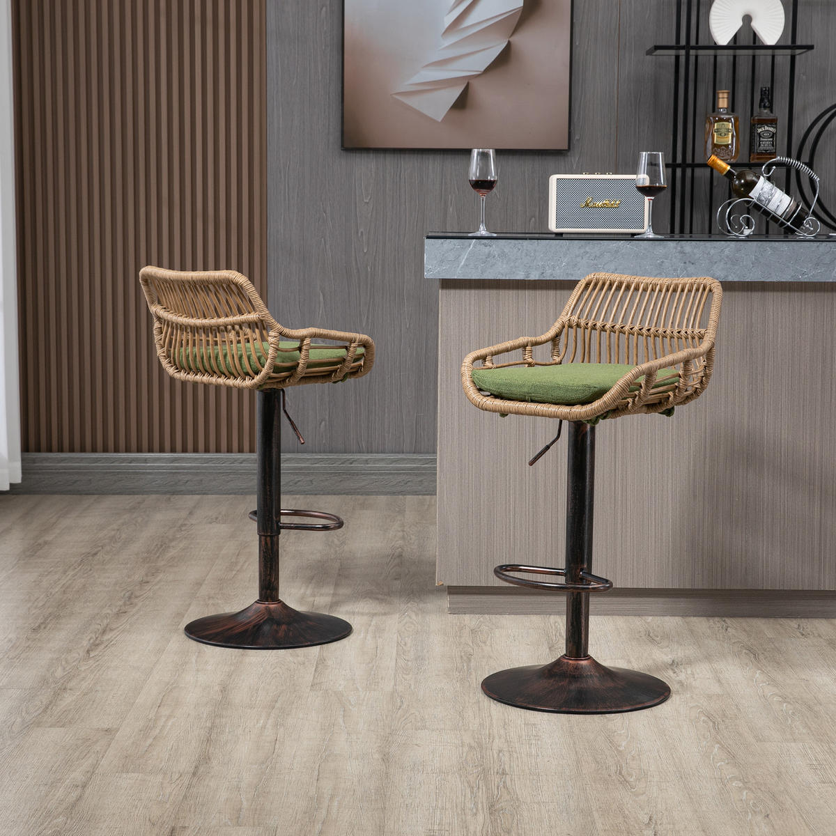 BARHOCKER 2er-Set drehbar mit Rattan und Höhenverstellung, Grün - Grün, Textil (49/89/48cm)