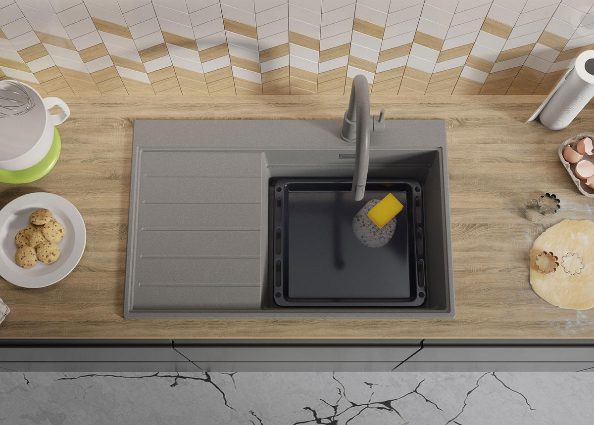 SPÜLBECKEN Sydney, 2-er set Grau 78/50 cm 1 Becken + Ablauf-Set + Küchenzubehörset ab 50er Unterschrank - Chromfarben/Beige, Kunststoff (78/20/50cm) - Primagran